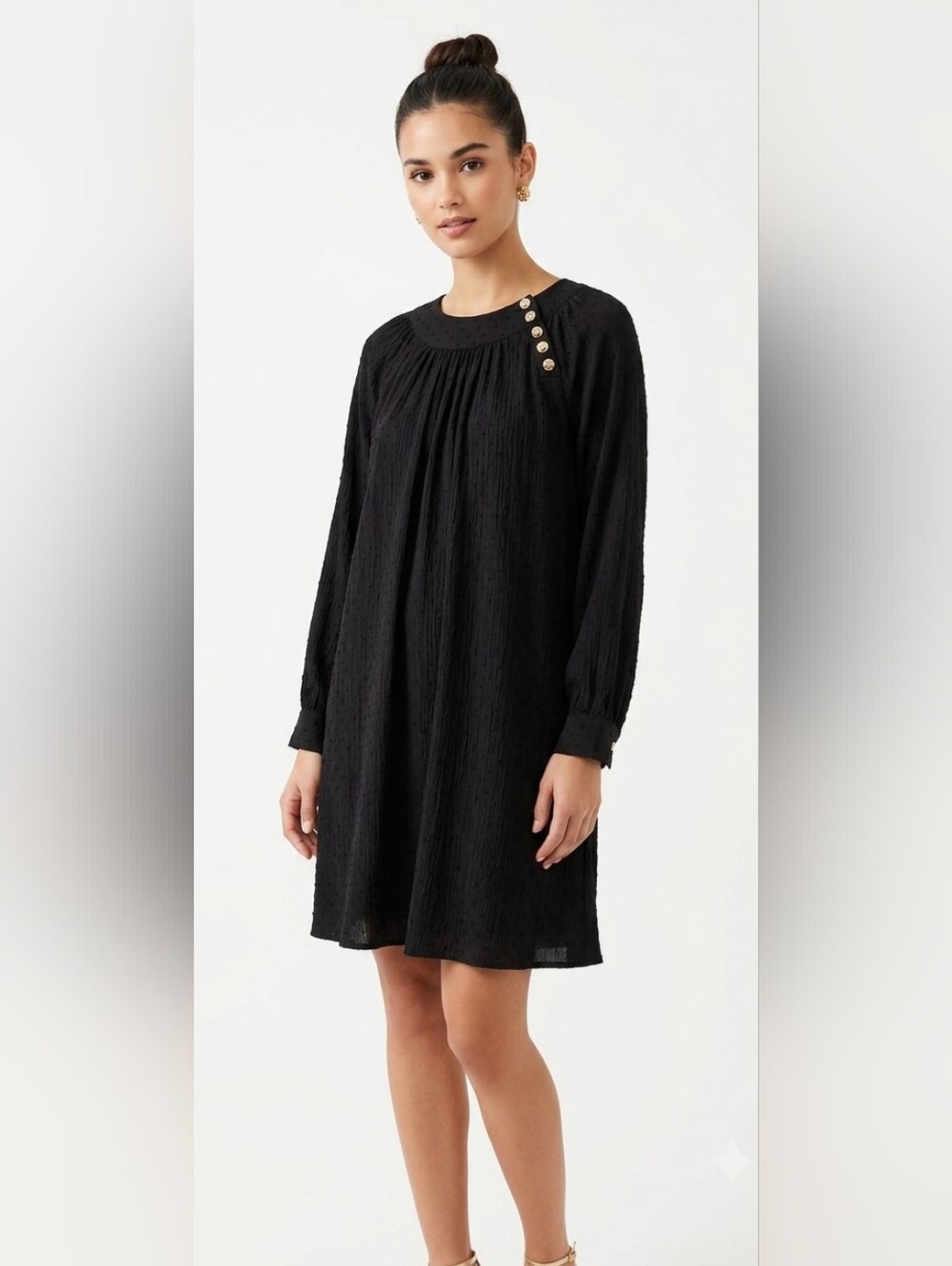 LOFT Black Long-Sleeve Textured Dress with Gold Buttons Size S